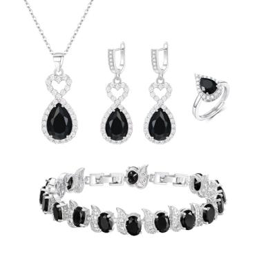 Imagem de Crysdue Conjunto de 4 peças de joias em forma de gota para mulheres, noivas, colar de zircônia cúbica banhado a prata, brincos, anel ajustável, pulseira para casamento, formatura, Natal, dia das mães,