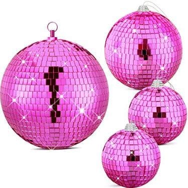 Imagem de 4 peças de bola de discoteca grande espelho refletivo bolas de discoteca ornamento com anel para pendurar para decoração de festa temática anos 70, discoteca, DJ, efeito de luz, festa de casamento, aniversário, 20 cm, 15 cm,
