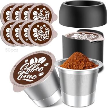 Imagem de Kit de refil de cápsulas de café reutilizáveis, 1 suporte, 2 copos K reutilizáveis de aço inoxidável, 50 tampas de vedação de folha de alumínio,