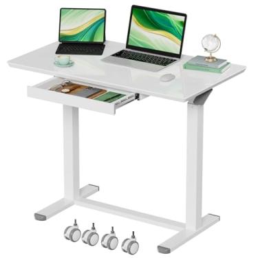 Imagem de Gibbon Mounts Mesa de vidro com gavetas, mesa pequena para laptop móvel de 89 cm, mesa com suporte ajustável em altura, mesa de computador portátil pneumática branca com rodas ocultas ou rodízios