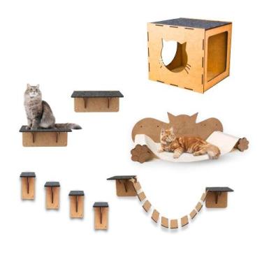 Imagem de Playground Para Gato De Parede Nicho Prateleira Rede E Degrau Kit Com 