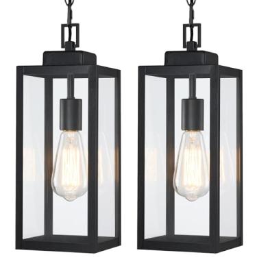 Imagem de MYHXQ 2 Pacotes De 15'' Grande Luminária Pendente Externa, Lustre Externo Moderno, Lanterna Pendurada Externa, Preto Fosco Com Vidro Transparente, Luminária Pendente Externa Montagem No Teto Para Va