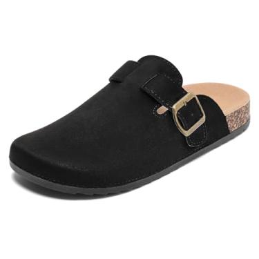 Imagem de DDXYYDS Tamancos De Camurça Masculinos E Femininos Unissex Couro Mules Palmilha De Cortiça Macia Fivela Ajustável Sandálias Slip Sapatos Batata Com Suporte De Arco Preto