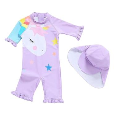 Imagem de Butvashine Maiô infantil infantil com proteção solar FPS 50+, Rash Guard com boné, Roxa, 3-4 Anos