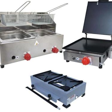 Imagem de Kit Lanchonete Fogão Portátil 2 Bocas + Chapa 30cm Prensa e Fritadeira