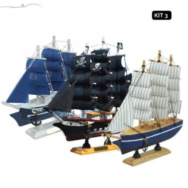 Imagem de Kit 3 navios pirata preto branco veleiro miniatura barcos - STOOZ INTE