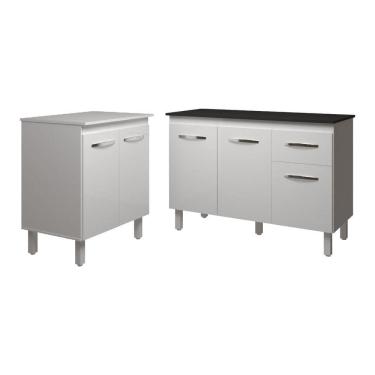 Imagem de Balcão Para Microondas Ou Forno Branco E Armário Aline 118 Cm Cozinha Gabinete Branco Com Tampo Tampão Preto