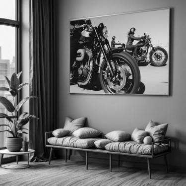 Imagem de Quadro com Moldura Sala Quarto 90x60 Motos Harley Preto e Branco Decorativo Horizontal Grande Hall