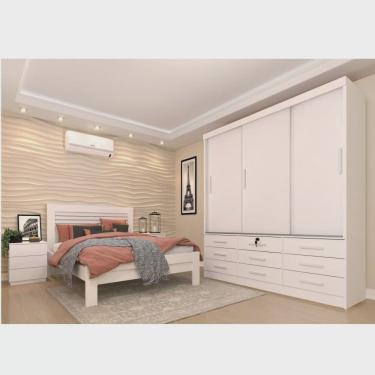 Imagem de Quarto Completo Roupeiro 3 Portas Cama Casal e Mesa de Cabeceira 3 Gavetas Chicago Tcil Móveis