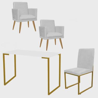 Imagem de Kit Escritório Stan 2 Poltronas Rodapé com Cadeira e Mesa Industrial Branco Dourado Tecido Sintético Branco - Ahazzo Móveis