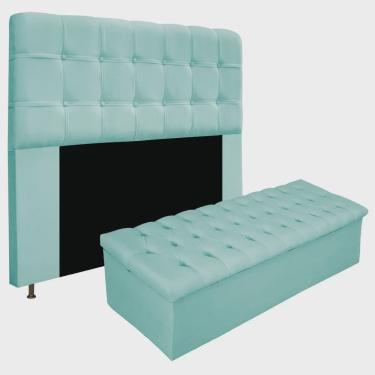 Imagem de Kit Cabeceira e Calçadeira Baú Estofada Mel 160 cm Queen Size Com Botonê Suede Azul Tiffany - adj Decor