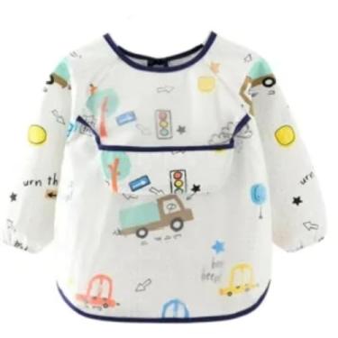 Imagem de Babador Manga Longa Com Elastico Coletor de Migalhas Tecido Plastificado Molinho Impermeável Babador Avental Carros Com manga Longa