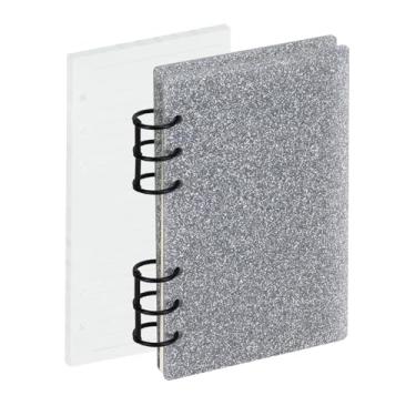 Imagem de A6 fichário acrílico para caderno, 6 anéis, folha solta com glitter cinza, 90 folhas de papel, design plano, anel redondo de metal preto