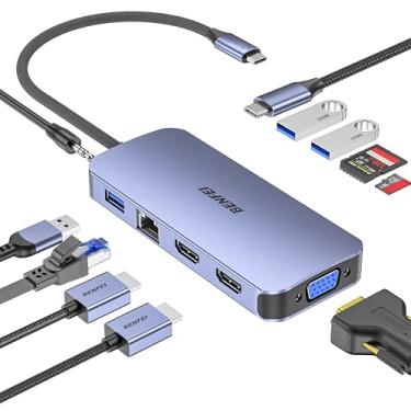 Imagem de BENFEI Estação de ancoragem USB C Hub 11 em 1 com tela tripla HDMI duplo, VGA, 3 USB 3.0, Ethernet de 1 Gbps, entrega de energia de 100 W, leitor de cartão SD/TF, áudio auxiliar de 3,5 mm compatível