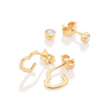 Imagem de Kit Brinco Rommanel argola coração solitário zircônia 527484, Dourado