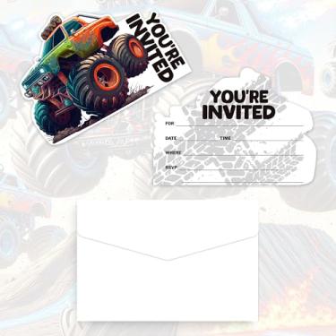 Imagem de GLURUITE 20 peças de convites de festa de aniversário Monster Truck com envelopes para artigos de festa de carro de desenho animado