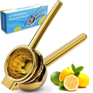 Imagem de WZKALY Espremedor de limão de aço inoxidável - Espremedor de metal sólido resistente - Espremedor de frutas cítricas manual grande e espremedor de limão - Espremedor manual 2 em 1 - Armazene suco -