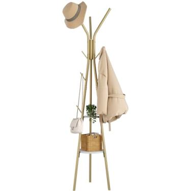 Imagem de HOMEFORT Cabideiro, suporte de cabide com 2 prateleiras, árvore de corredor livre, cabide de chapéu de metal com 12 ganchos para roupas, chapéus e cachecóis, dourado e branco, 39,9 cm L L x 172,8 cm A