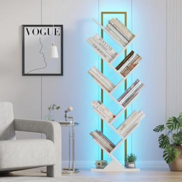 Imagem de Qupui Prateleira de livros de árvore com luzes LED, estante de 9 andares, prateleira de canto clássica para crianças, armazenamento de livros de madeira alta para quarto, sala de estar, escritório em
