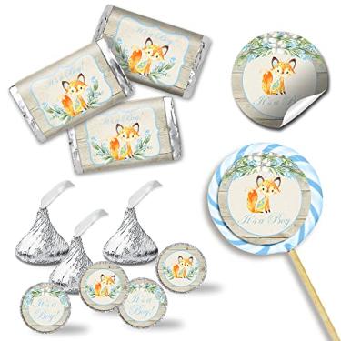 Imagem de Kit de adesivos para chá de bebê em aquarela Woodland Fox Boy - 429 peças!!! Inclui 60 adesivos circulares de 5 cm para lembrancinhas e sacolas de brindes, 45 mini embalagens de barra de doces e 324
