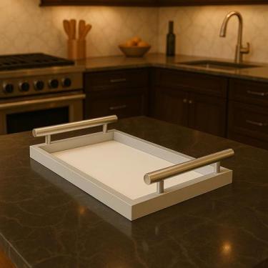 Imagem de Bandeja Retangular Café da Manhã com Alça Inox 25x46cm Champanhe/Branc