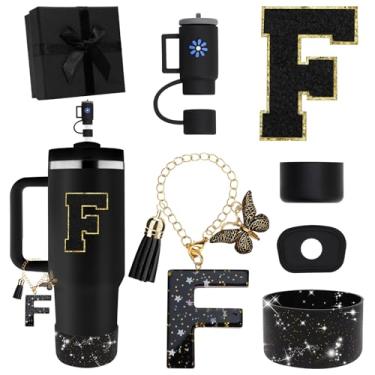 Imagem de Miglaja Acessórios pretos para copos Stanley 850.5 g 1,134.0 g, todos os acessórios caixa de presente contêm topo de palha de flor, bota de silicone, adesivos de letras e pingentes, conjunto de tampa