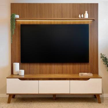 Imagem de Rack Com Painel Para Tv Até 75 Polegadas Com Led Impressão Ripada 3d Liverpool Pinho/off White