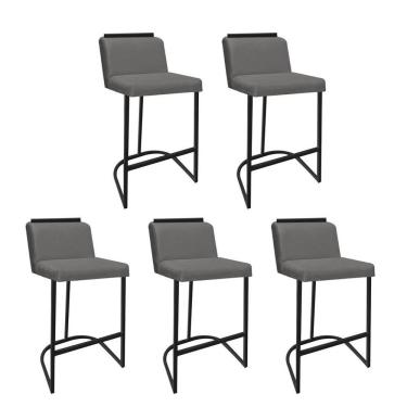 Imagem de Kit 05 Banquetas Com Encosto Confort Bistrô Cozinha Ferro Preto Corino Cinza Amey Decor