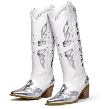 Imagem de GOSERCE Botas De Cowboy Femininas Estilo Western, Bico Fino, Metálicas, Cano Médio, Alto, Cowgirl, Coloridas E Brilhantes, H06-5, Prata 6