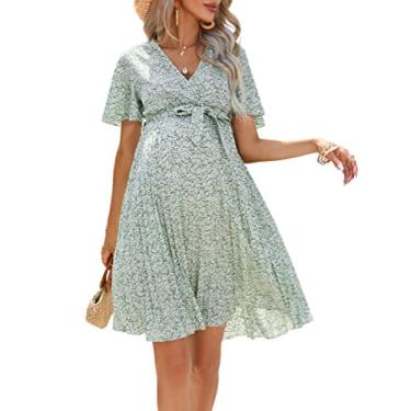 Imagem de FUNJULY Vestido midi feminino plissado de manga curta com decote em V, vestido casual de amamentação, chá de bebê, cinto para sessão de fotos, Verde floral - v, P