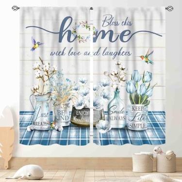 Imagem de Cortinas para casa de fazenda, pássaros florais azuis rústicos, tábuas de madeira campestre para casa, doce, vintage, chalé, buffalo, xadrez, janela, tratamentos para quarto, sala de estar, cozinha