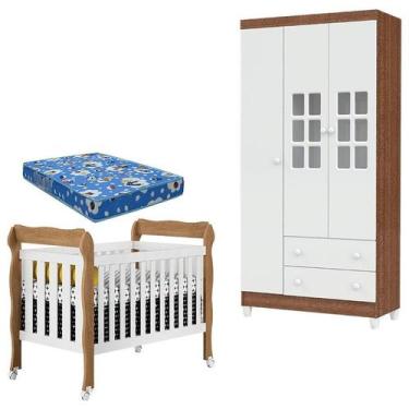 Imagem de Berço Lila e Guarda Roupa Mariah 3 Portas Branco Acetinado Amadeirado 