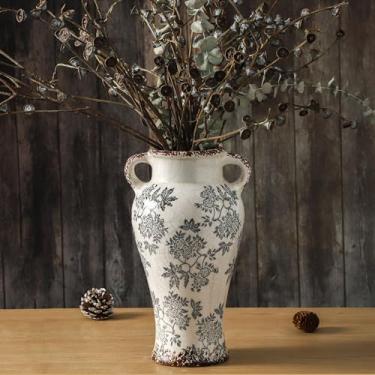 Imagem de Enra Vaso vintage com alça, vaso de flores decorativas de cerâmica azul e branca de 32 cm, vaso floral chinoiserie, vasos grandes rústicos para decoração de casa, sala de estar, estante de livros