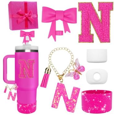 Imagem de Miglaja Acessórios pretos para copos Stanley 850.5 g 1,134.0 g, todos os acessórios caixa de presente contêm topo de palha de flor, bota de silicone, adesivos de letras e pingentes, conjunto de tampa