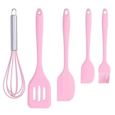 Imagem de KIMISS Conjunto de Espátula de Cozinha de Silicone de 5 Peças - Raspador de Cozinha Resistente Ao Calor e Utensílios de de Batedores de Ovos (Rosa)