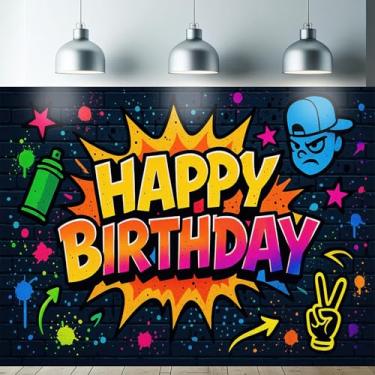 Imagem de Starlit Patio Tapeçaria de Feliz Aniversário Graffiti 188 x 159 cm Luz Negra UV Reativo Brilha no Escuro Decorações de Aniversário para Adolescentes Crianças Meninos Meninas Festa Neon Pano de Fundo