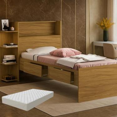 Imagem de Cama de Solteiro Isa com Prateleira e Gavetas Bau, Cama com Colchão - 