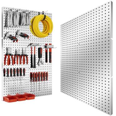 Imagem de Peg Board, 6 peças de metal Pegboard, organizador de parede resistente com moldura. Pegboard prata para paredes, garagem, bancada de trabalho, organização de ferramentas de sala de artesanato, painéis