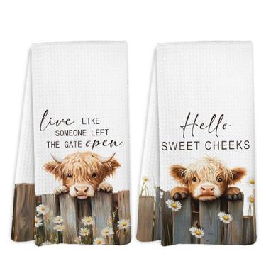 Imagem de Yorhifa Conjunto de 2 toalhas de mão engraçadas de vaca ocidental, Live Like Someone Left The Gate Open Hello Sweet Cheeks Toalhas de mão para decoração de banheiro, decoração de banheiro de vaca