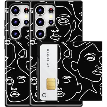 Imagem de MUQR Capa compatível com Samsung Galaxy S23 Ultra com porta-cartão fofo - Capa tipo carteira robusta com design Kawaii, proteção contra quedas de grau militar (arte abstrata preta)