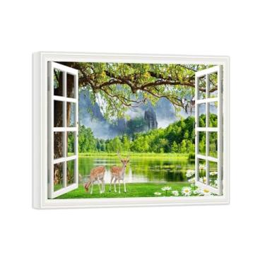 Imagem de Impressões em tela paisagens-Arte parede janela falsa-Veado em árvorelago-Natureza Pintura Decoração Banheiro Tela Embrulhada 20x25cm