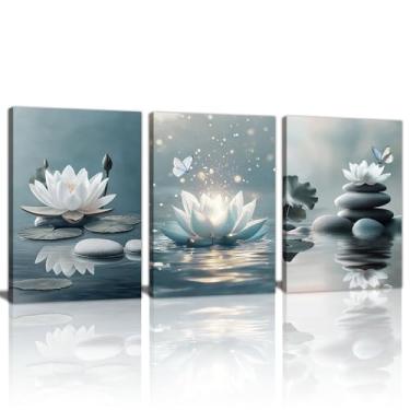 Imagem de 3 peças de arte de parede em tela botânica Calm Zen, lótus branco desabrochando em pedras na água, imagens de parede estéticas, ioga, spa, meditação, sala, pintura, decoração, pôster espiritual