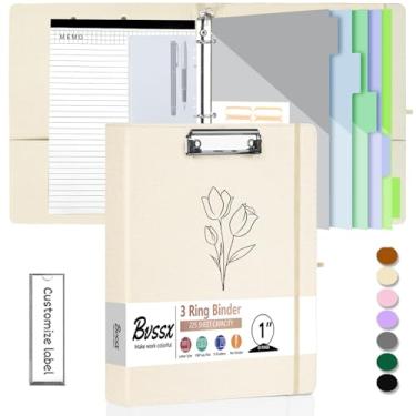 Imagem de BVSSX Fichário de 3 anéis com prancheta, fichários de 2,5 cm com bloco de notas e 5 divisórias com bolsos, etiquetas, pranchetas de poliuretano para escritório escolar (flor bege, tamanho carta)