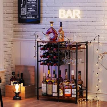 Imagem de Suporte de bebidas independente com 9 garrafas para bar doméstico, rack de vinho versátil independente com suporte de vidro e cercas, minibar mesa licor uísque vinho exibição grande capacidade canto