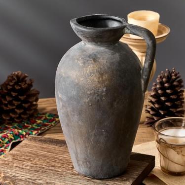Imagem de PORCER Vaso de cerâmica rústico antigo, vaso grande de terracota de 23 cm de altura com alça, vaso de cerâmica vintage para decoração de casa, sala de estar, entrada, casamento, ação de graças -