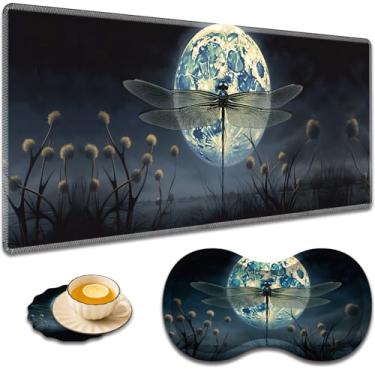 Imagem de Mouse pad grande para jogos + suporte de pulso + porta-copos de café, almofada de mesa com bordas costuradas, conjunto antiderrapante adequado para trabalho de escritório e casa - Dragonfly Moon