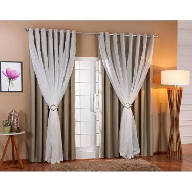 Imagem de Cortina Voil Forro Blackout Tecido 4,00X2,70 Palha/Branco