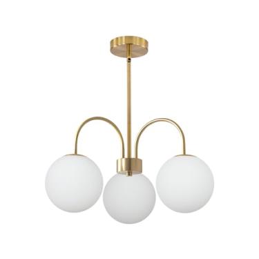 Imagem de BOKT Lustre de globo de vidro moderno Sputnik com 3 luzes brancas e douradas, luminária pendente de latão escovado ajustável de altura de meados do século, ilha de cozinha, para sala de estar e quarto