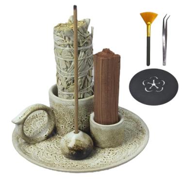 Imagem de Fyedroed Suporte 4 em 1 para queimador de incenso para palitos, suporte para palitos Palo Santo, suporte de vela e sálvia para queimar cinzas de cerâmica para meditação, ioga, decoração de casa (cinza