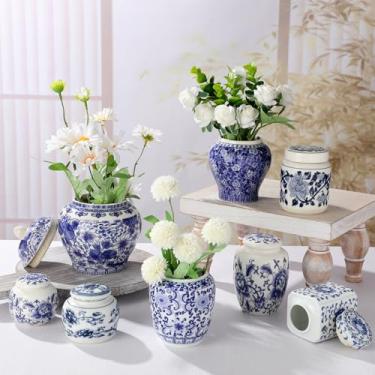 Imagem de Hushee Vasos pequenos de porcelana azul e branco, decoração de chinoiserie azul, potes de gengibre de porcelana para decoração de casa, vaso de chinoiserie para quarto, mesa, prateleira, decoração de
